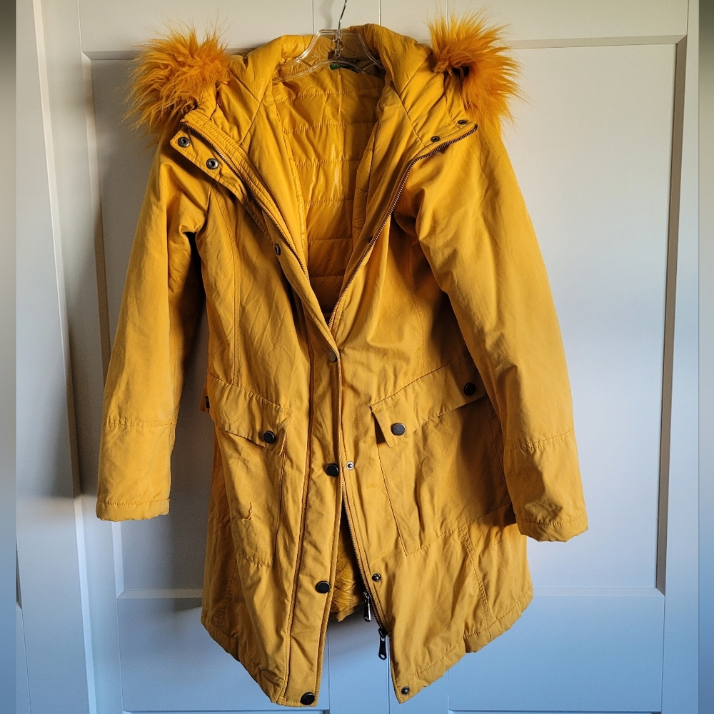 Bright Yellow Benetton Women's Parka Coat with Faux Fur Hood Jacket
